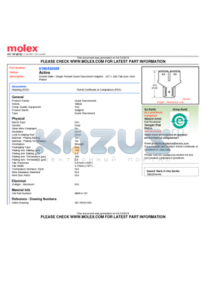 0190430009 datasheet - Double Male / Single Female Quick Disconnect Adapter, .187 x .020 Tab Size, NonPlated