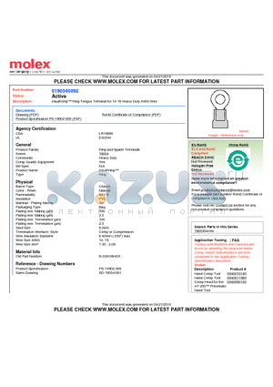 0190540092 datasheet - InsulKrimp Ring Tongue Terminal for 14-16 Heavy Duty AWG Wire