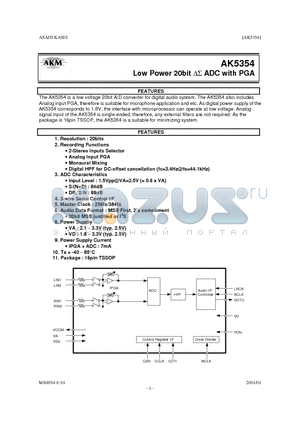 AK5354 datasheet - LOW POWER 20 BIT ADC WITH PGA