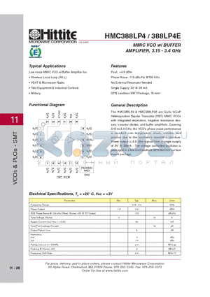 388LP4E datasheet - MMIC VCO w/ BUFFER AMPLIFIER, 3.15 - 3.4 GHz