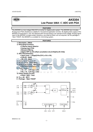 AK5354VT datasheet - Low Power 20bit DS ADC with PGA