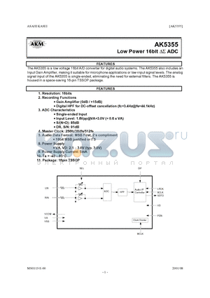 AK5355 datasheet - LOW POWER 16BIT ADC