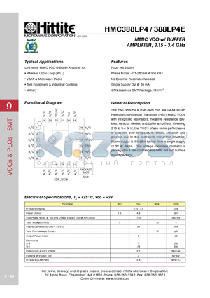 388LP4E datasheet - MMIC VCO w/ BUFFER AMPLIFIER, 3.15 - 3.4 GHz