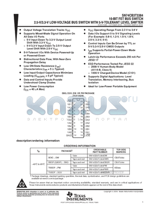 74CB3T3384DBQRE4 datasheet - 10-BIT FET BUS SWITCH 2.5V/3.3V LOW VOLTAGE BUS SWITCH 5-V TOLERANT LEVEL SHIFTER