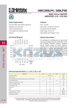 389LP4E datasheet - MMIC VCO w/ BUFFER AMPLIFIER, 3.35 - 3.55 GHz