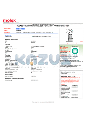 0190670088 datasheet - NylaKrimp Funnel Entry Ring Tongue Terminal for 4 AWG Wire, Stud #18