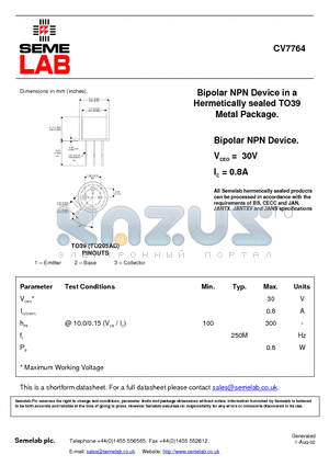 CV7764 datasheet - Bipolar NPN Device in a Hermetically sealed TO39