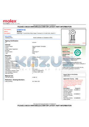 0190670102 datasheet - NylaKrimp Funnel Entry Ring Tongue Terminal for 1/0 AWG Wire, Stud #11