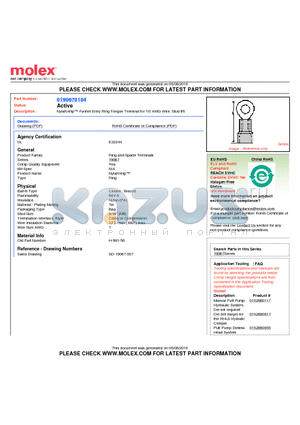 0190670104 datasheet - NylaKrimp Funnel Entry Ring Tongue Terminal for 1/0 AWG Wire, Stud #8