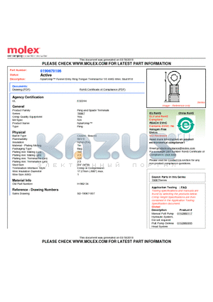 0190670106 datasheet - NylaKrimp Funnel Entry Ring Tongue Terminal for 1/0 AWG Wire, Stud #18