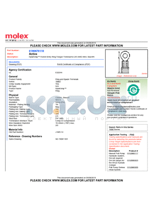 0190670110 datasheet - NylaKrimp Funnel Entry Ring Tongue Terminal for 2/0 AWG Wire, Stud #6