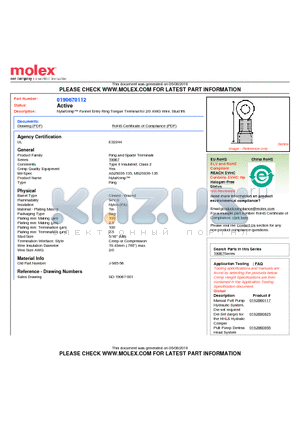 0190670112 datasheet - NylaKrimp Funnel Entry Ring Tongue Terminal for 2/0 AWG Wire, Stud #8