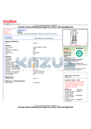 0190670114 datasheet - NylaKrimp Funnel Entry Ring Tongue Terminal for 2/0 AWG Wire, Stud #12