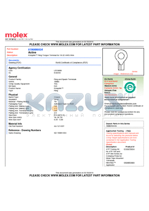 0190690034 datasheet - Krimptite Ring Tongue Terminal for 18-22 AWG Wire