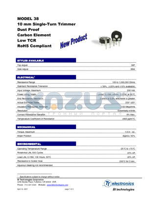 38PLABR100KLF10 datasheet - 10 mm Single-Turn Trimmer Dust Proof Carbon Element Low TCR RoHS Compliant