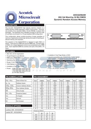 AK536256W datasheet - 262,144 Word by 32 Bit CMOS Dynamic Random Access Memory