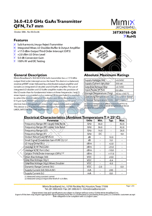 38TX0768-QB-0L00 datasheet - 36.0-42.0 GHz GaAs Transmitter QFN, 7x7 mm