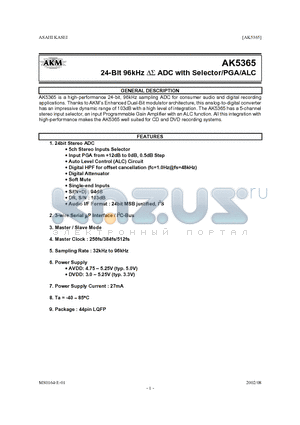 AK5365VQ datasheet - 24-BIT 96KHZ ADC WITH SELETOR/PGA/ALCl