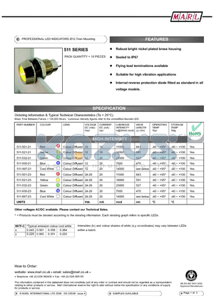 511-521-21 datasheet - PROFESSIONAL LED INDICATORS 12.7mm Mounting