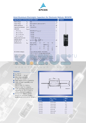 B43698 datasheet - Axial Aluminum Electrolytic Capacitors for Electronic Ballasts