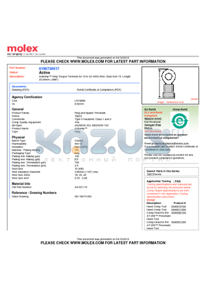 0190730017 datasheet - Avikrimp Ring Tongue Terminal for 18 to 22 AWG Wire, Stud Size 10, Length22.00mm (.866