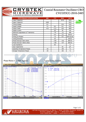 CVCO55CC-2010-2485 datasheet - Coaxial Resonator Oscillator-CRO