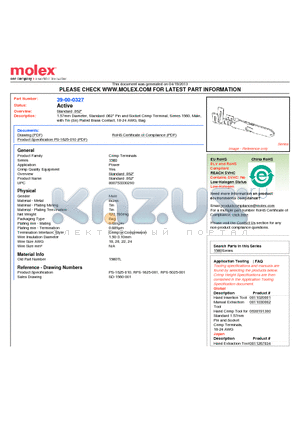 39-00-0327 datasheet - 1.57mm Diameter, Standard .062 Pin and Socket Crimp Terminal, Series 1560, Male, with Tin (Sn) Plated Brass Contact, 18-24 AWG, Bag