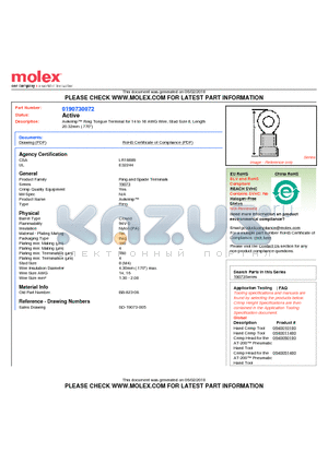 0190730072 datasheet - Avikrimp Ring Tongue Terminal for 14 to 16 AWG Wire, Stud Size 8, Length