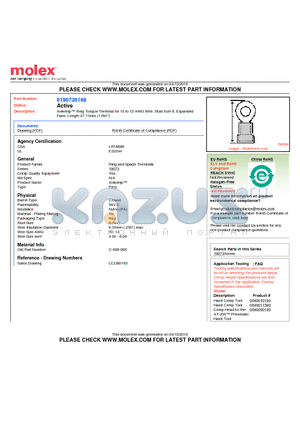 0190730168 datasheet - Avikrimp Ring Tongue Terminal for 10 to 12 AWG Wire, Stud Size 8, ExpandedFlare, Length 27.71mm (1.091