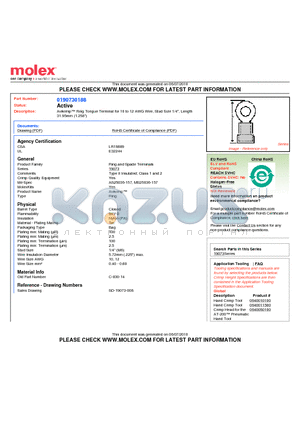 0190730188 datasheet - Avikrimp Ring Tongue Terminal for 10 to 12 AWG Wire, Stud Size 1/4