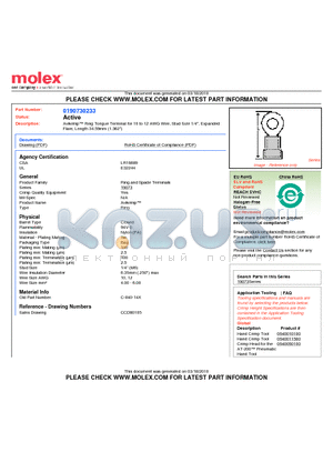 0190730233 datasheet - Avikrimp Ring Tongue Terminal for 10 to 12 AWG Wire, Stud Size 1/4