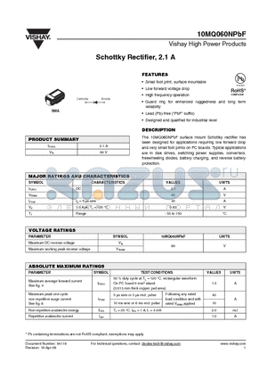 10MQ060NPBF datasheet - Schottky Rectifier, 2.1 A