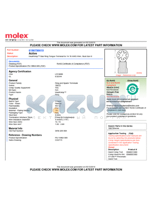 0190750015 datasheet - InsulKrimp Star Ring Tongue Terminal for 14-16 AWG Wire, Stud Size 8