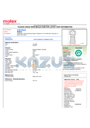 0190750024 datasheet - InsulKrimp Steel Star Ring Tongue Terminal for 14-16 AWG Wire, Stud Size 10,Mylar Tape Carrier