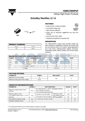 10MQ100NTR datasheet - Schottky Rectifier, 2.1 A