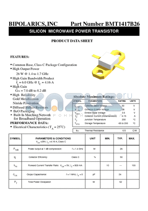 BMT1417B26 datasheet - SILICON MICROWAVE POWER TRANSISTOR