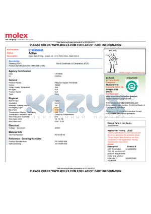 0190850001 datasheet - Open Barrel Ring , Brass, for 14-18 AWG Wire, Stud Size 6