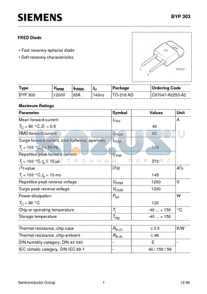C67047-A2253-A2 datasheet - FRED Diode (Fast recovery epitaxial diode Soft recovery characteristics)