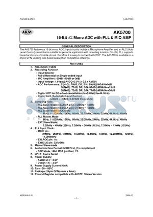 AK5700 datasheet - 16-Bit DS Mono ADC with PLL & MIC-AMP