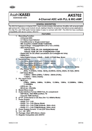 AK5702 datasheet - 4-Channel ADC with PLL & MIC-AMP