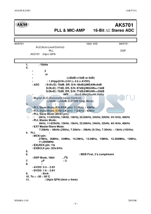 AK5701 datasheet - PLL & MIC-AMP 16-Bit Stereo ADC