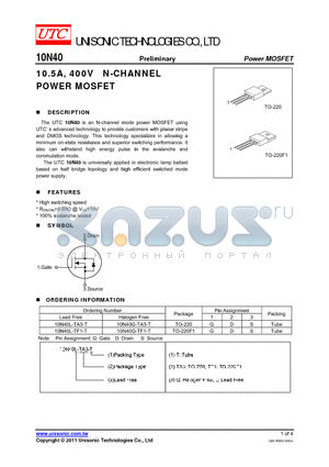 10N40 datasheet - 10.5A, 400V N-CHANNEL POWER MOSFET