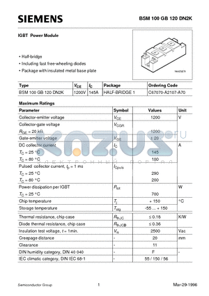 C67070-A2107-A70 datasheet - IGBT Power Module (Half-bridge Including fast free-wheeling diodes Package with insulated metal base plate)