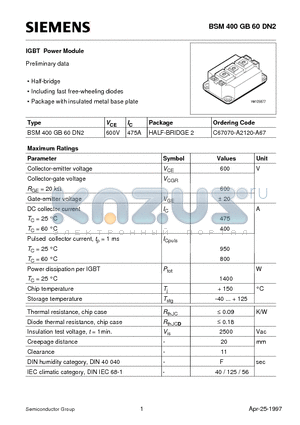 C67070-A2120-A67 datasheet - IGBT Power Module (Half-bridge Including fast free-wheeling diodes Package with insulated metal base plate)