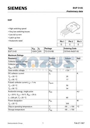 C67040-A4207-A2 datasheet - IGBT (High switching speed Very low switching losses Low tail current Latch-up free Avalanche rated)