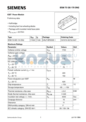 C67070-A2702-A67 datasheet - IGBT Power Module (Half-bridge Including fast free-wheeling diodes Package with insulated metal base plate)