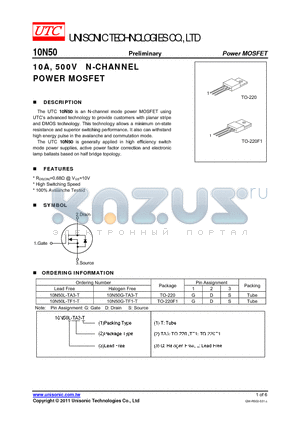 10N50G-TF1-T datasheet - 10A, 500V N-CHANNEL POWER MOSFET