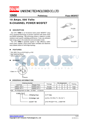 10N50L-TA3-T datasheet - 10 Amps, 500 Volts N-CHANNEL POWER MOSFET