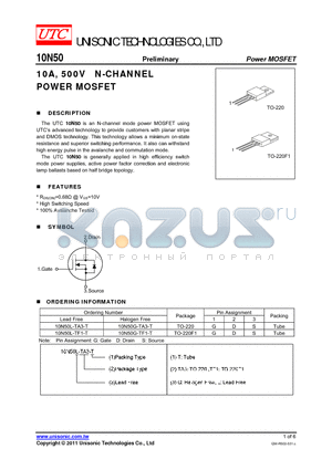 10N50L-TF1-T datasheet - 10A, 500V N-CHANNEL POWER MOSFET