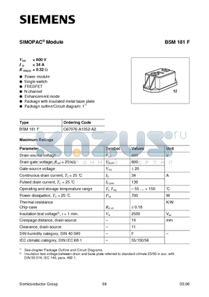 C67076-A1052-A2 datasheet - SIMOPAC Module (Power module Single switch FREDFET N channel Enhancement mode)